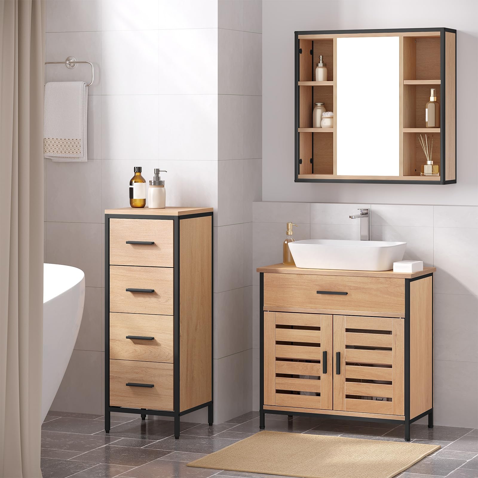 EUGAD Waschbeckenunterschrank, Badezimmer Unterschrank Waschbecken, Badezimmerschrank mit Schublade, 2 Türen, verstellbare Ablage, freistehend, 60x60x30 cm, Helle Eiche