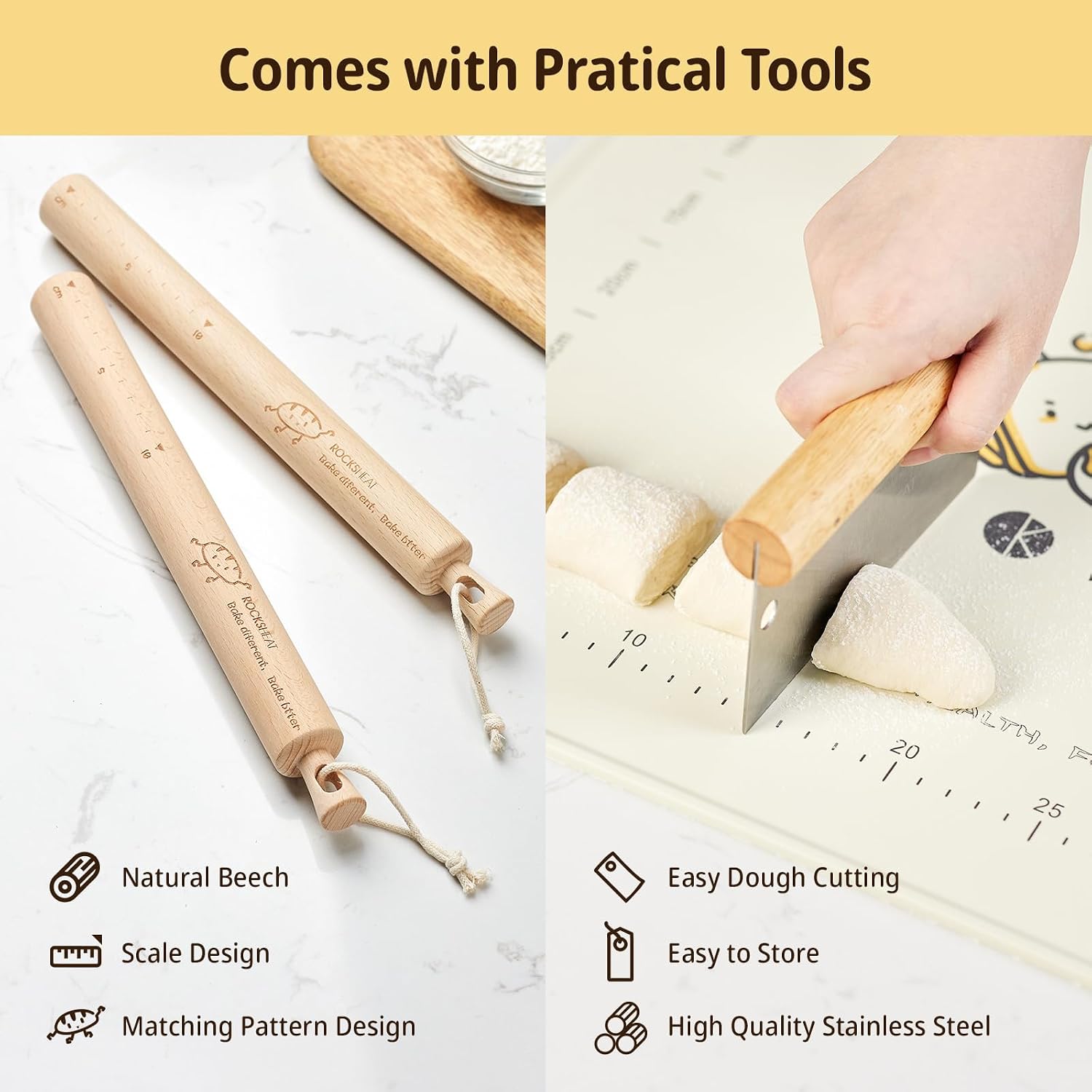28" X 20" Silicone Baking Mat with Rolling Pin and Dough Scraper, Extra Thick Non-stick Pastry Mat with Scale for Dough Rolling, Kitchen Tools Set for Baking, Sourdough Bread Baking Supplies