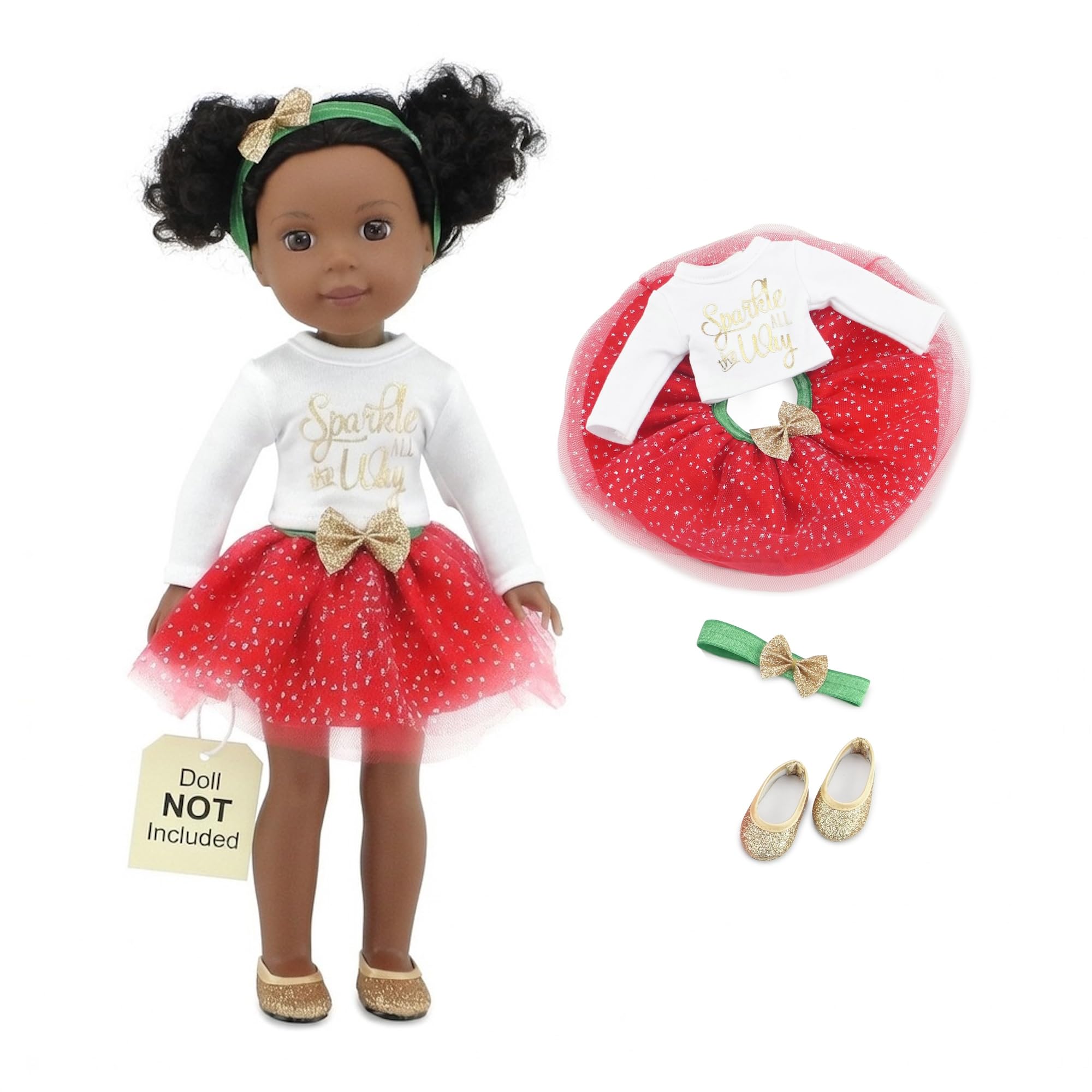 14 Inch Doll Christmas Outfit 4-PC Holiday Set | Red Green Gold Sparkly Clothes | Compatible with Glitter Girls, Wellie Wishers, and Hearts for Hearts Dolls USA Brand