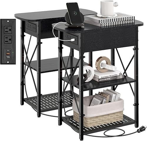 Livofloral Mesa auxiliar estrecha con estación de carga, juego de 2 mesas auxiliares para espacios pequeños, mesa auxiliar abatible con Negro