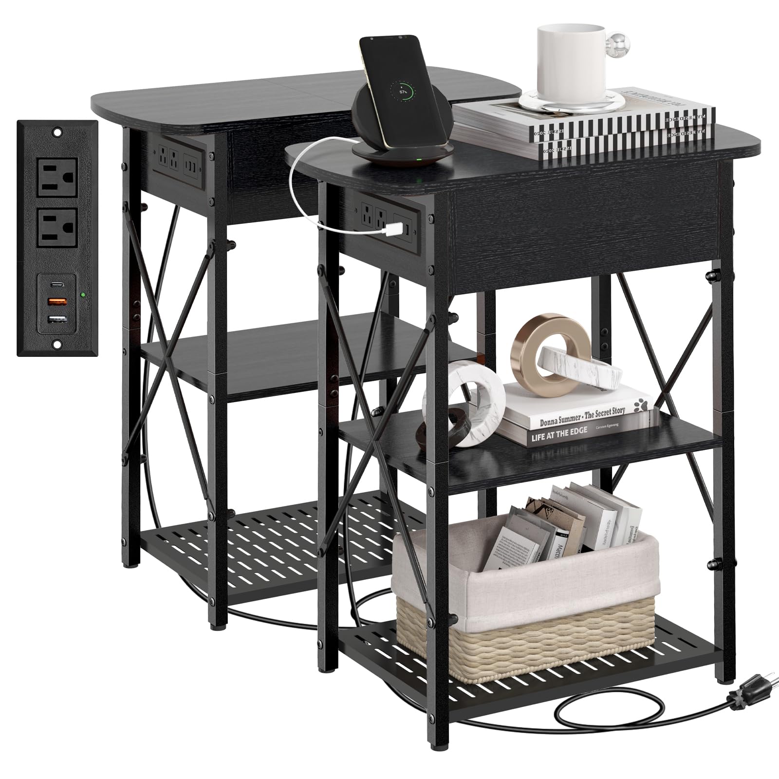 Livofloral Narrow Side Table with Charging Station, End Tables Set of 2 for Small Spaces, Flip Top End Table with Storage, Black End Tables Living