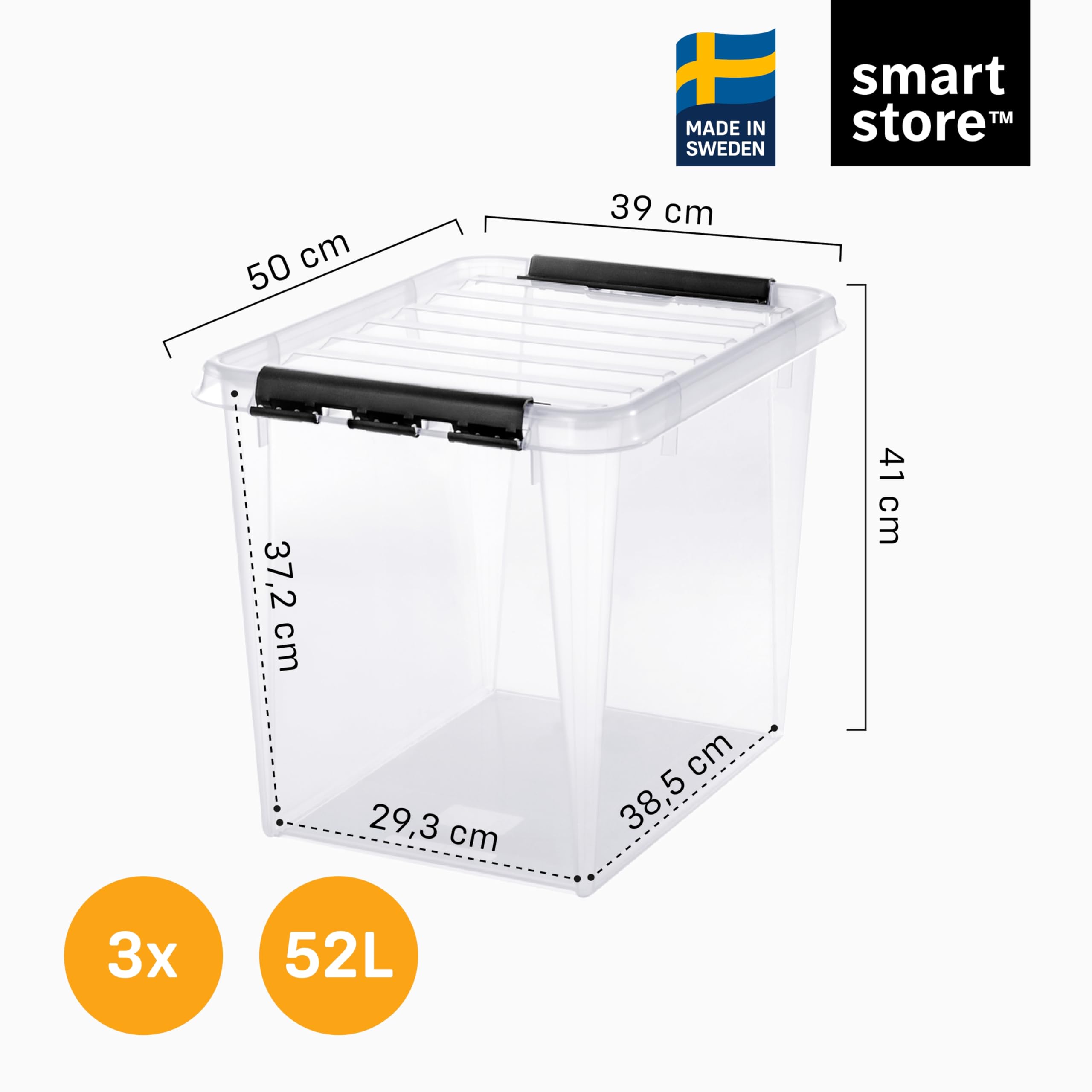 SmartStore - 3x Boîte de Rangement Plastique avec Couvercle Classic 52L (50x39x41cm) | Empilable et de Qualité Alimentaire | Boîte Plastique avec Couvercle & Coins Renforcés | Garantie 10 Ans