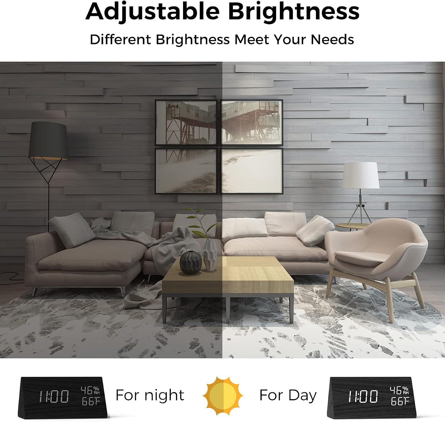 Digital Alarm Clock Electronic LED Time Display 3 Alarm Settings Adjustable Brightness Humidity & Temperature Detect Wood Design for Bedroom, Bedside, Desk, Office, Kids and Families, Black
