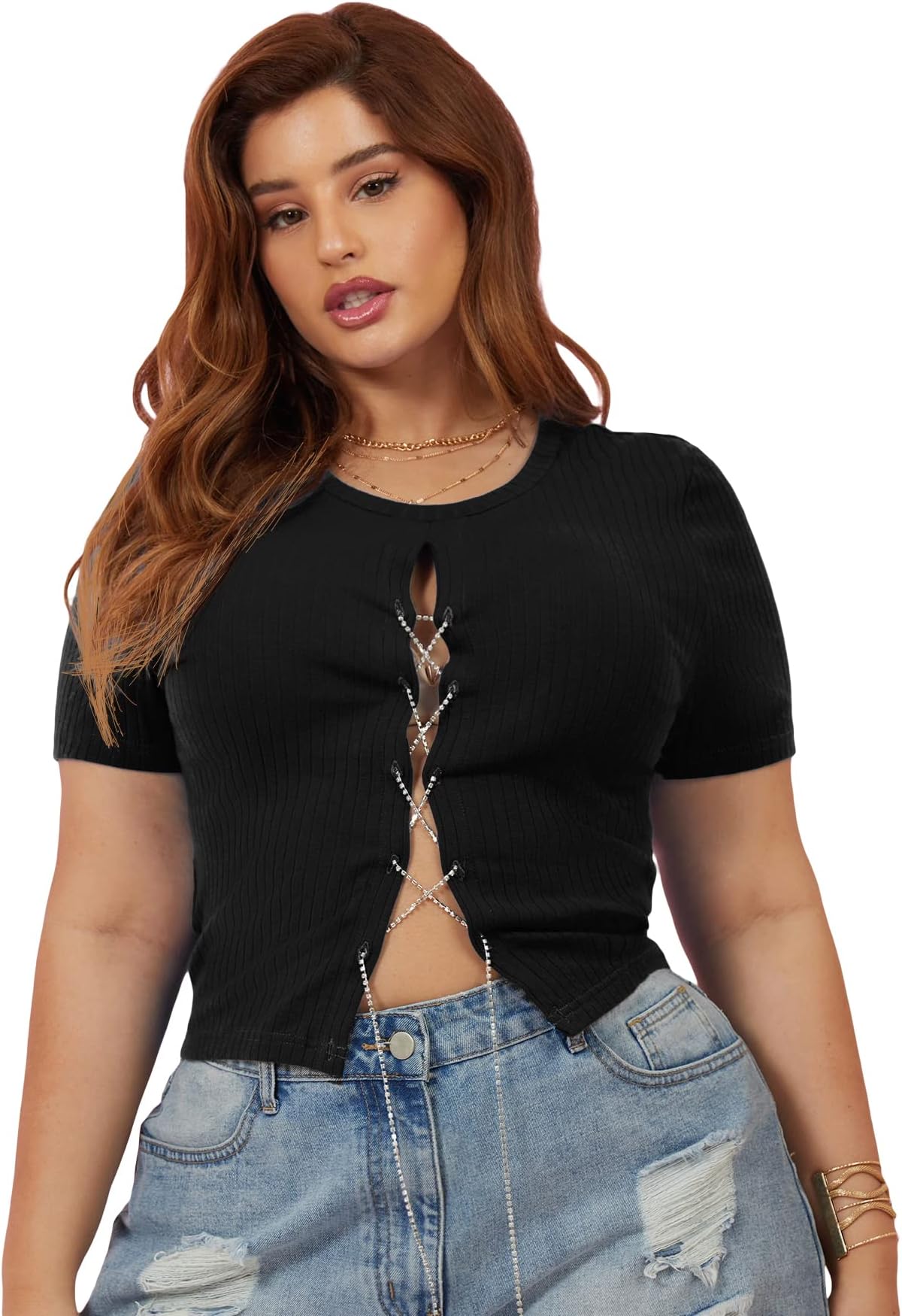 FloernsWomen's Plus Size Rhinestone Lace Up Front Short Sleeve Tee Shirts