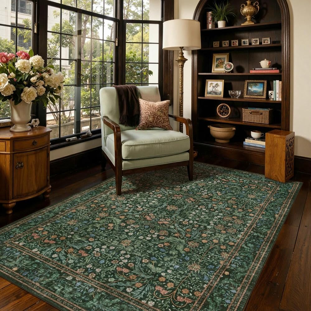 4x6 Area Rugs for Living Room Bedroom, Large Washable Rug, Green Vintage Floral Boho Rug, Non Slip & Low Pile Wool Accent Carpet for Indoor Dining Room, Kids Room and Office(Green 4x6ft)