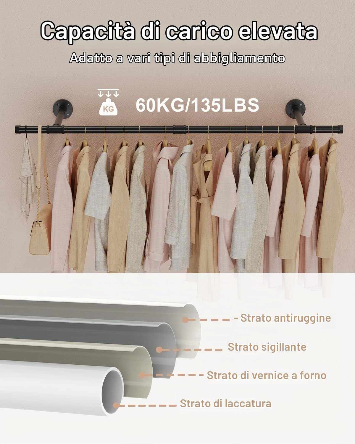 Appendiabiti vintage, Attaccapanni da Muro, 121 cm, Nero, 1 Set | Barra dei Vestiti Staccabili Robusta in Metallo, Pratici Bastoni per Armadi, Appendiabiti Salvaspazio ai Carichi Pesanti