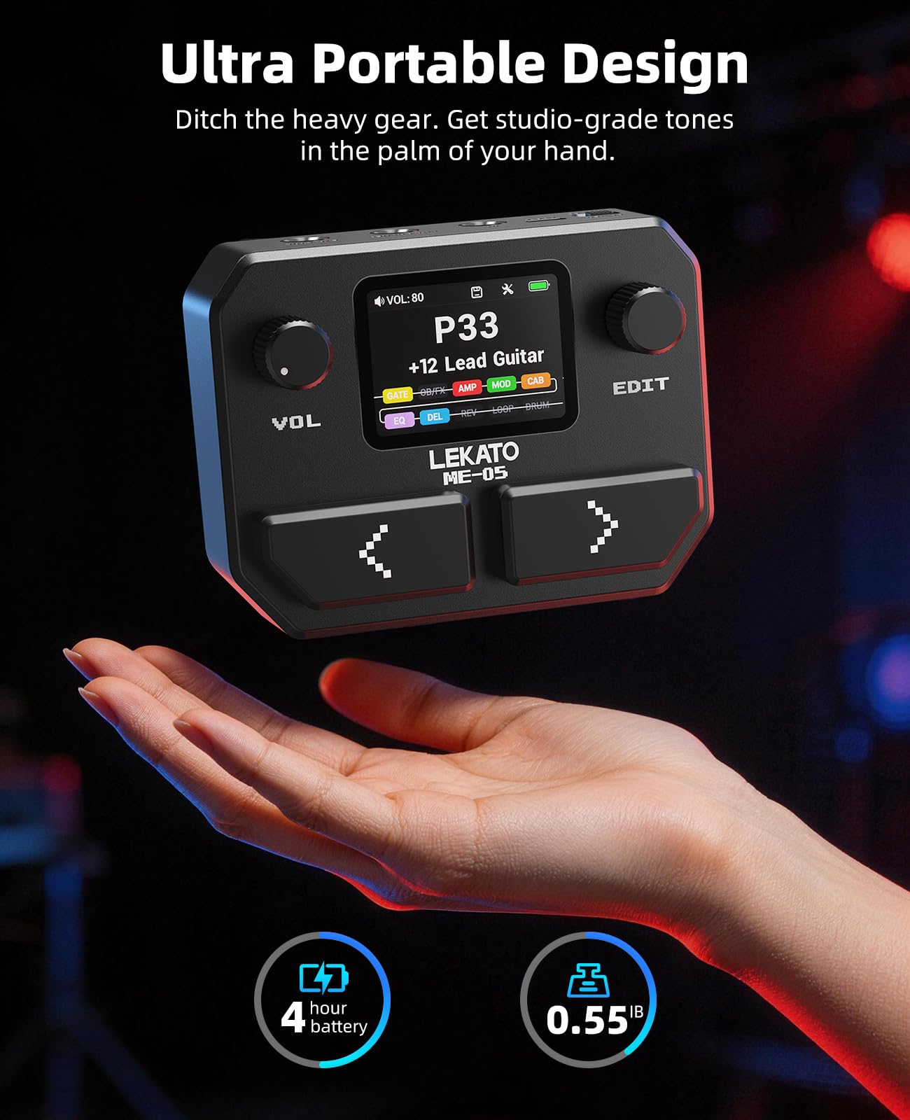 LEKATO Multi Effets Pédale pour Guitare Basse, Processeur Pédale d'effets 10 Modules d'effets, 99 préréglages, 30 Modèles d'amplis et de Baffles, OTG Interface Audio USB BT, Écran LCD 2", Noir