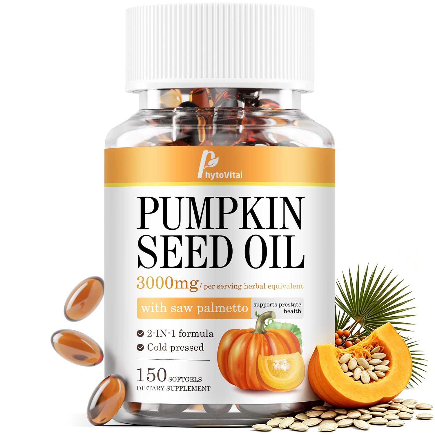 Pumpkin Seed Oil with Saw Palmetto Capsules | Cold Pressed Pure Virgin Oil, Phytosterols & Fatty Acids | Natural DHT Blocker & Hair Growth for Men & Women, Non-GMO, 150 Count (1 Pack) 150 Count (Pack of 1)
