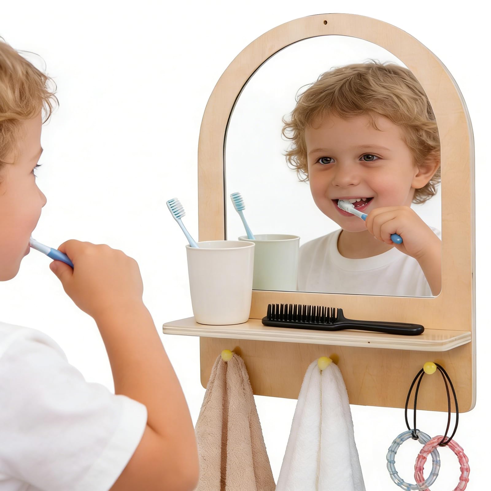 Montessori Spiegel aus Holz und Acryl für Kleinkinder, Wandmontage, Spiegel mit Haken & Regal, bruchsicher, Naturholz, einfache Montage, Möbel für Eingangsbereich, Kinderzimmer, Wohnzimmer, Flur