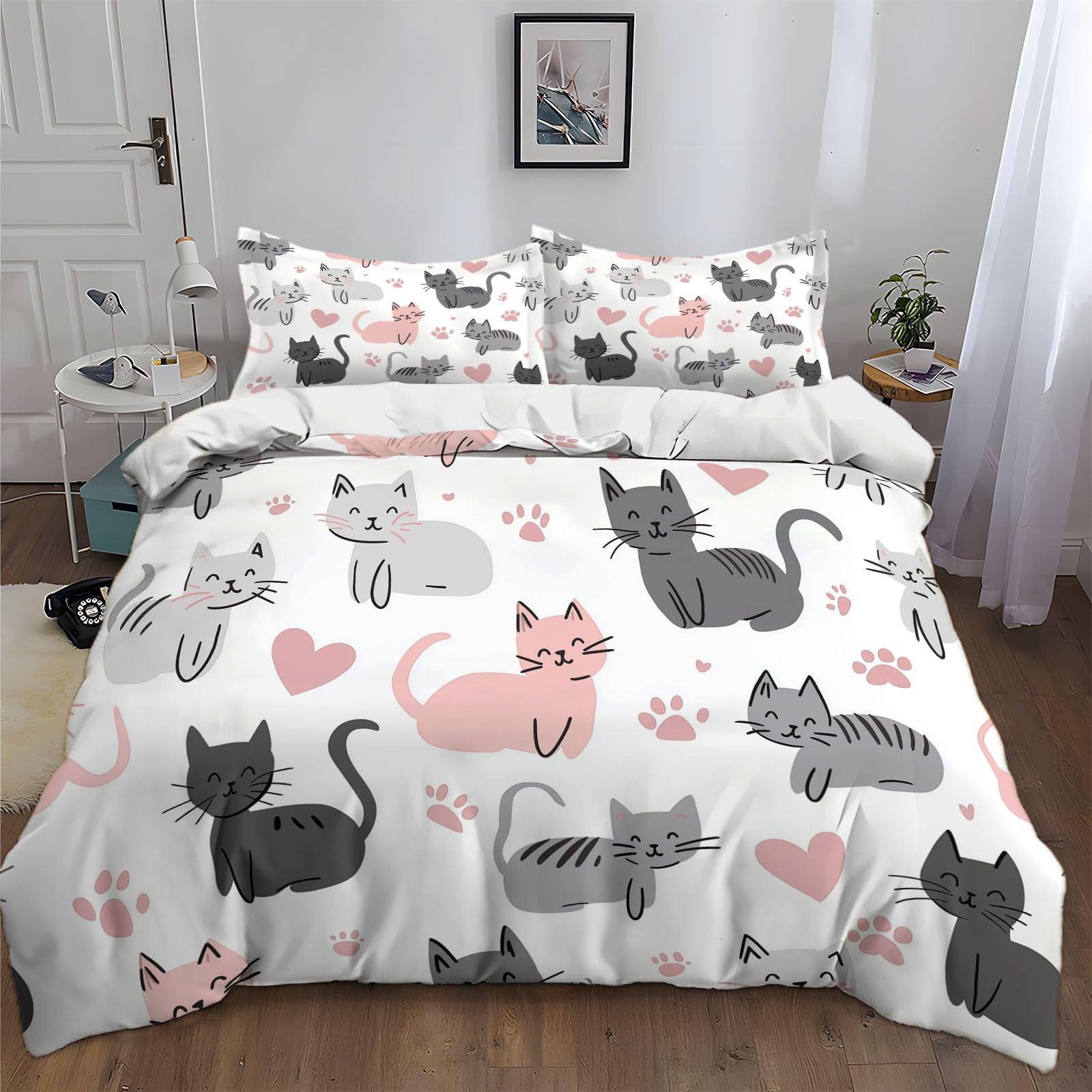 Ropa de Cama Suave y Acogedora para Cama 105 Gato Animal Abstracto De Dibujos Animados Juego de Funda de Edredón de Polialgodón 180x220 cm, 50% Poliéster y 50 Algodón Juego de Cama