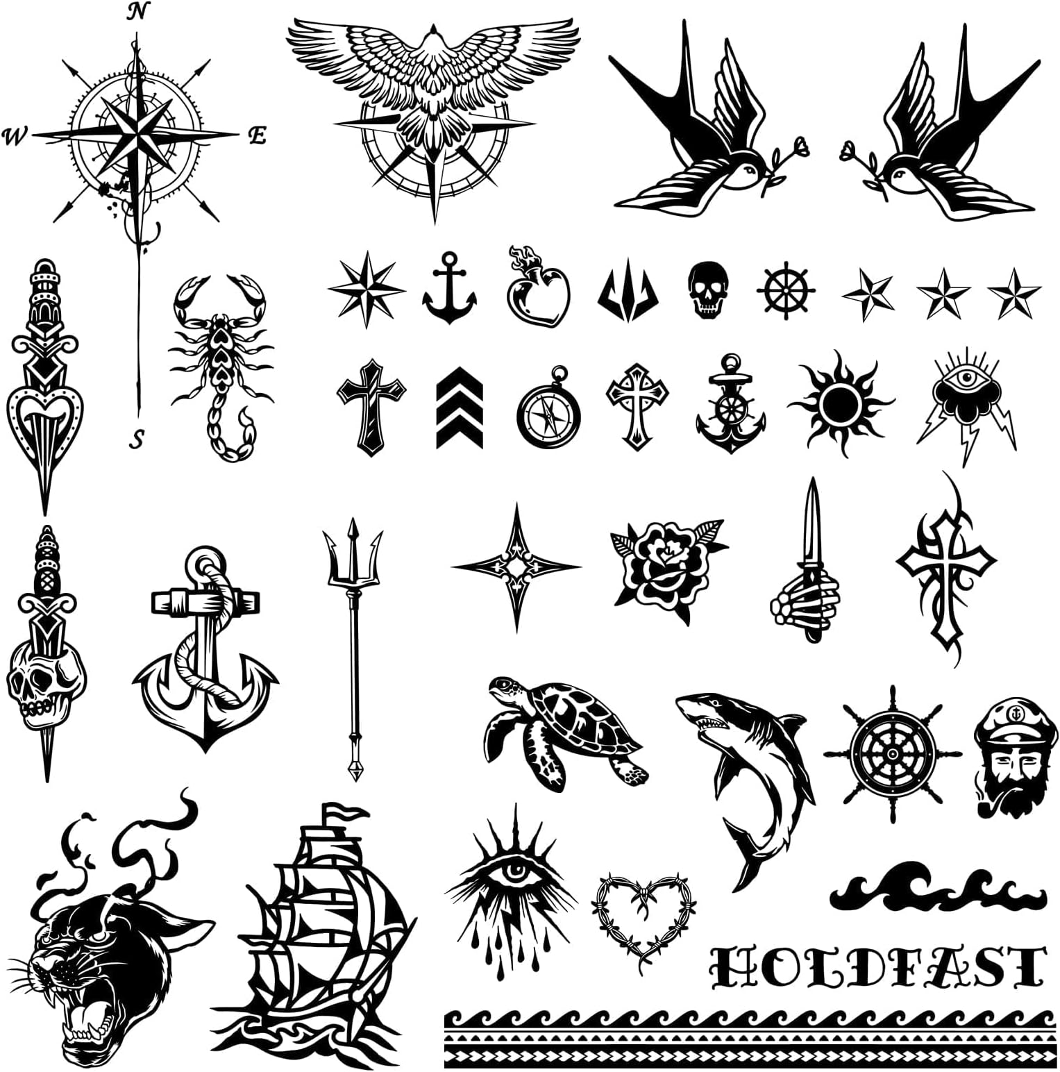3sheets Pirate Temporary Tattoos Men Adults Semi Permanent Tattoos Sailor Anchor Ocean Swallow Fake Tattoos Long Lasting 1-2 Weeks Halloween (Grey 1)
