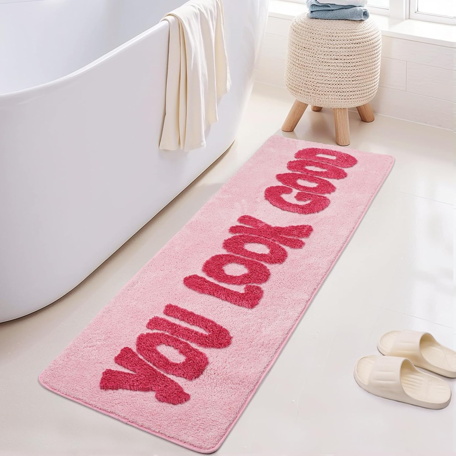 XIUNYIE Long Bathroom Mat, Funny Carpet Runner for Tub and Shower, Non-Slip Absorbent Floor Rug for Bath, Large 20x60 Inch, Light Pink, 1'8" x 5' (rectangular prism)