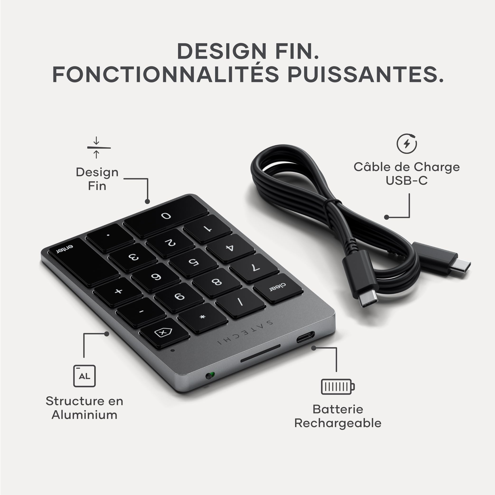 Satechi Pavé Numérique sans Fil Slim en Aluminium à 18 Touches, Bluetooth, Recharge USB-C pour MacBook, PC Portable, iPad (Gris Sidéral, 𝗟𝗮𝘆𝗼𝘂𝘁 𝗨𝗦)