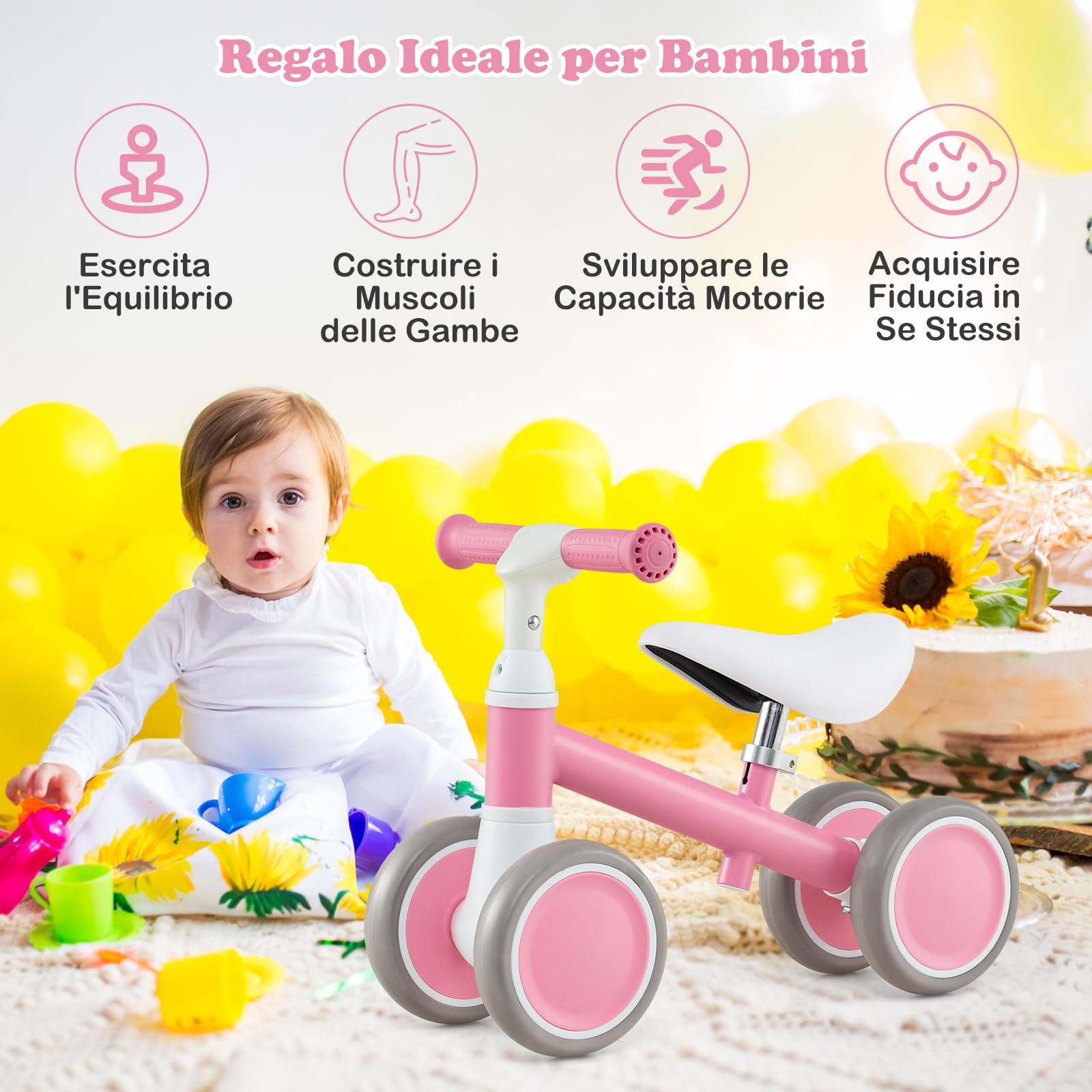 COSTWAY Bicicletta Senza Pedali per Bambini 1-3 Anni, Bicicletta Equilibrio con 4 Ruote, Manubrio e Sella Regolabili in Altezza, Bici per Bambini, Portata 25 kg
