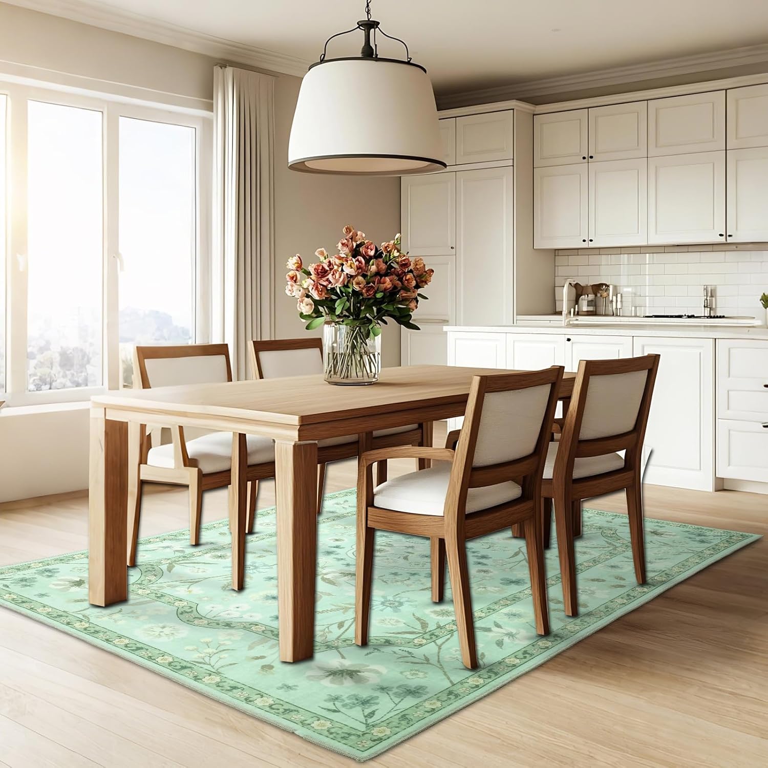 Instellar Floral Area Rug 5x7, Machine Washable Large Indoor Carpets, Non-Slip & Low Pile Area Rugs in Floral and Vintage Designs for Living Room, Bedroom, Dining Room,and Playroom Light Green