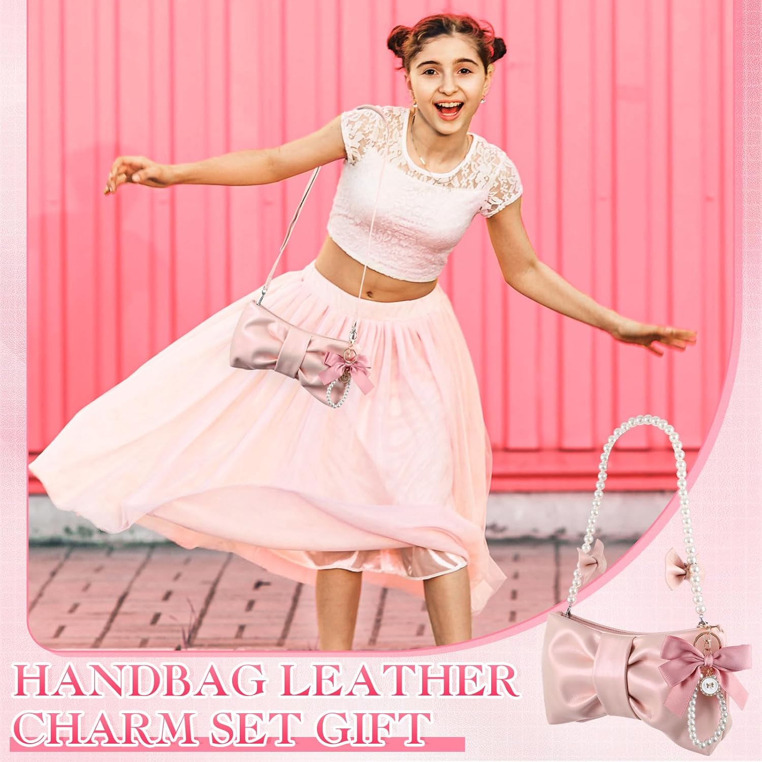 5 Pcs Coquette Pearl Leather Bow Purse for Women Christmas Gift Cute Y2k Crossbody Bag Bow Charm Extender Chain Strap - Image 5