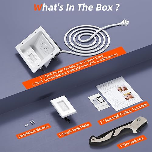 Miniatura 6 de in Wall Cable Management Kit,TV Cable Hider Wall Kit with Brush Wall Plate and 9.8FT Cord,2 AC Outlets,Recessed Outlet Box for Wall Mount TV Home