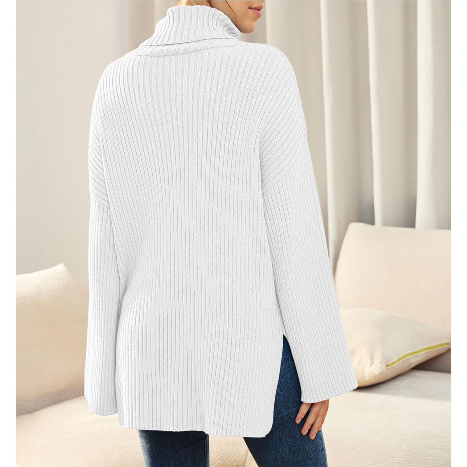Greabuy Maglione a collo alto oversize alla moda da donna maglione a costine felpa per donna maglione casual camicie da donna maglioni da donna felpe leggere in maglia, Verde militare, L