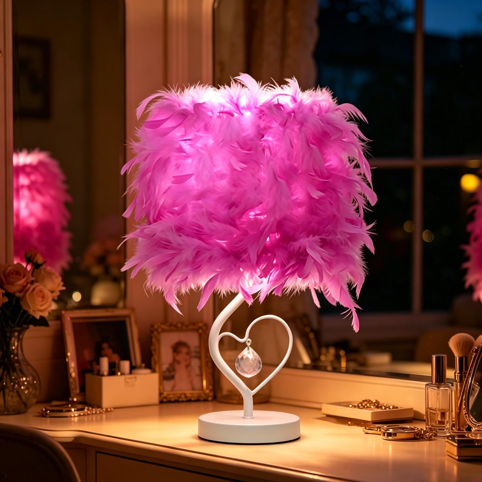 shulovehua Creative Feather Desk Lamp USB Operated Dimmable Romantic Table Lamp LED Modern Purple Bedside Light with 15IN Crystal Pendant for Bedroom Living Room Balcony Valentines Day Party Decor