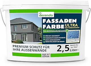 derendo Silikonharz Fassadenfarbe grau mit ULTRA Wetterschutz, 2,5l, Selbstreinigungeffekt durch Abperleffekt wie beim Lotus Blatt Schutz vor Verunreinigungen (Betongrau 25-47)