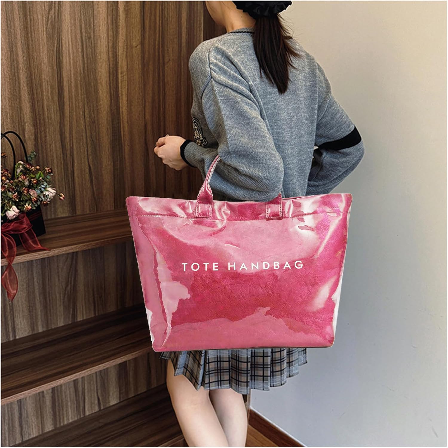 ALUSBELL Large PVC Tote Bag for Women Letters Print Tote Handbag Kraft Paper Travel Shoulder Bag Clear Carry All Hobo Handbag - Image 3
