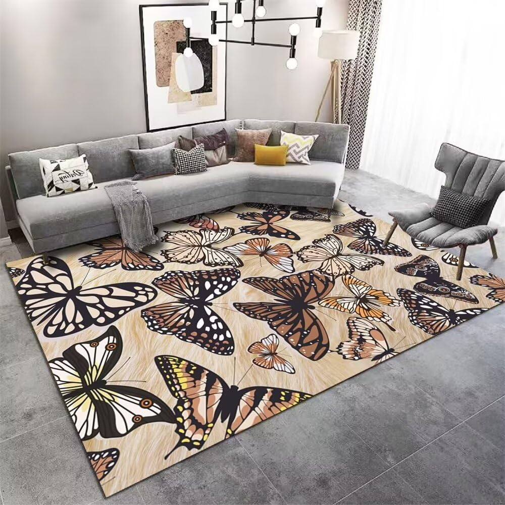 Tapis de salon lavable en machine résistant aux taches 120x180 cm noir motif papillon