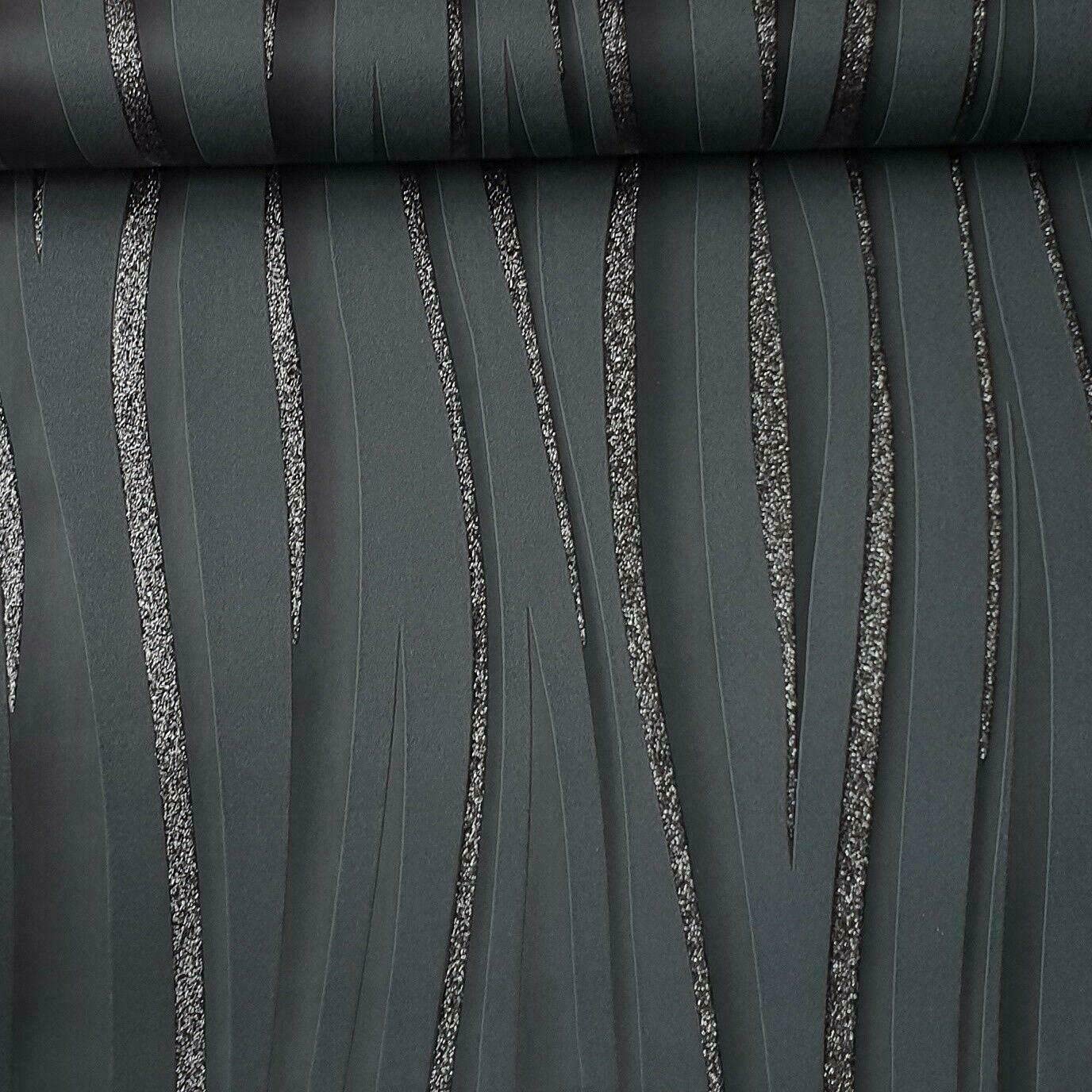 Luxury 3D Glitter Sparkle Textured Wave Stripe Vinyl Charcoal Black Wallpaper for Living Room Bedroom