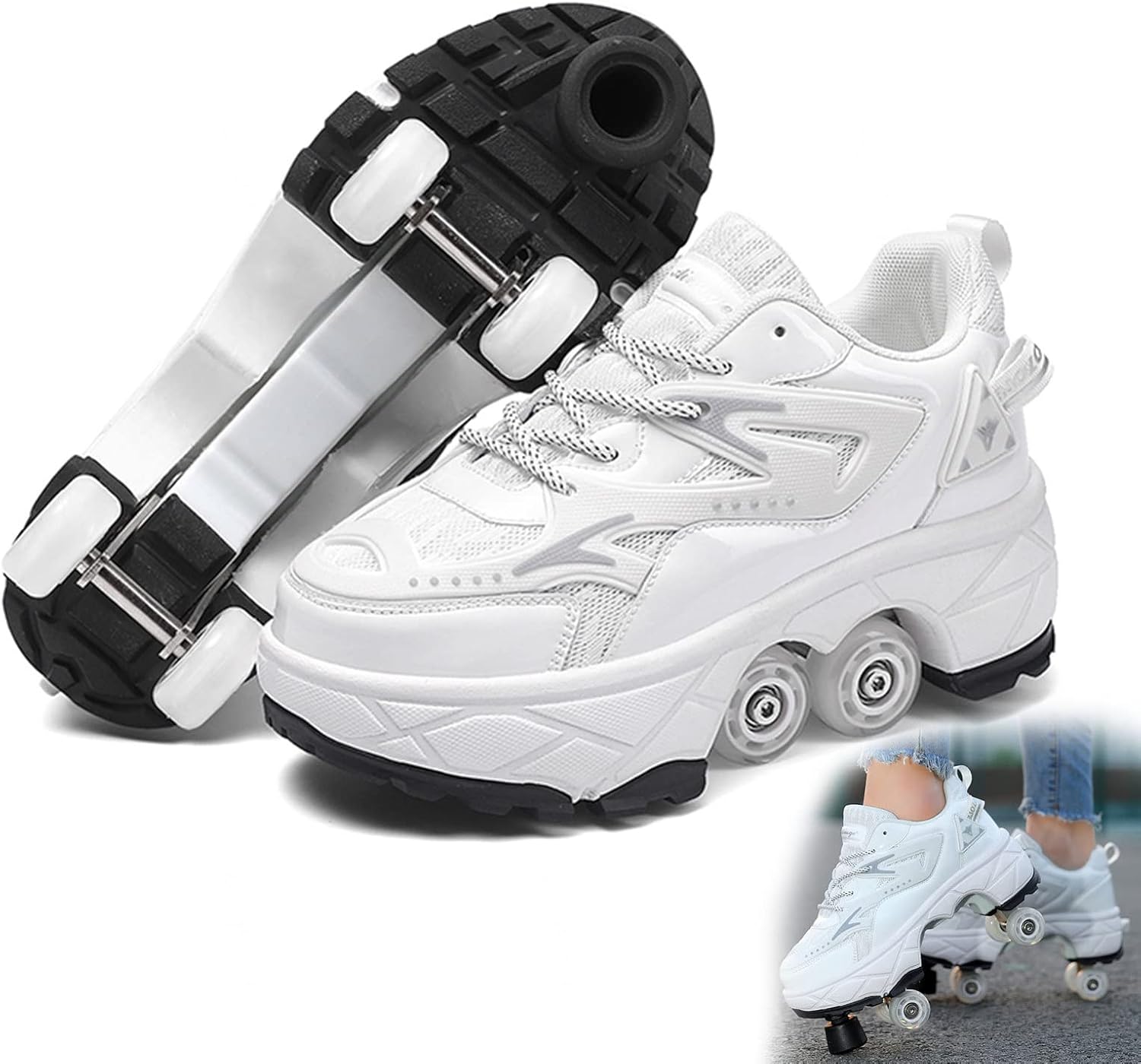 Deformation Roller Shoes Quad Roller Skates with Brake, Shoes with Wheels for Kids and Adults Sports Outdoors Technical Skateboarding Shoe,White1-9