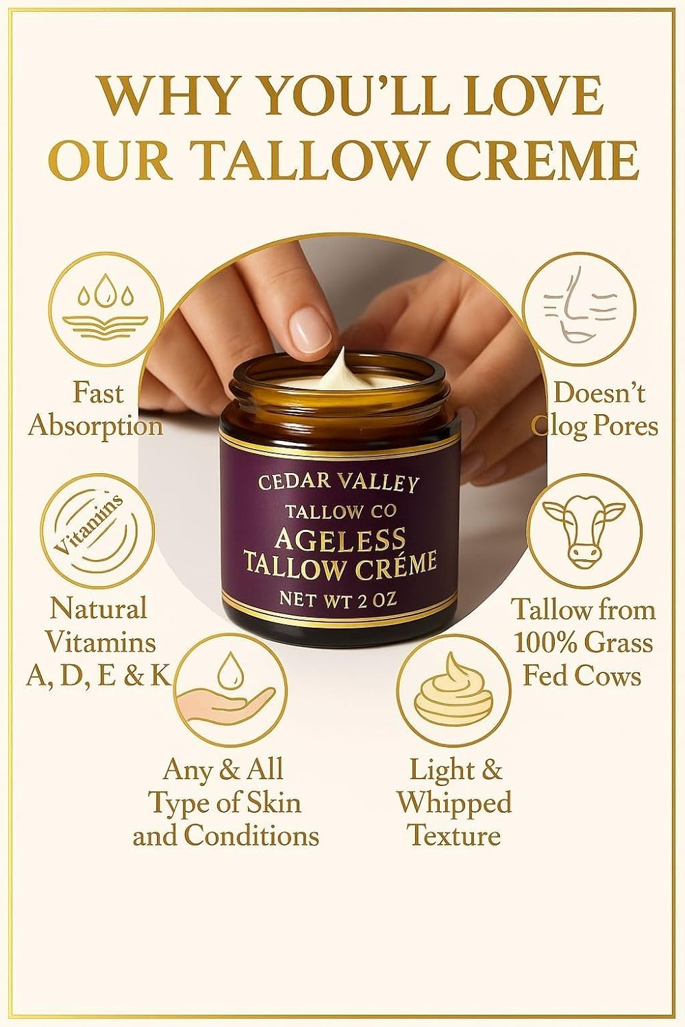 Cedar Valley Tallow Co. Handmade Ageless Tallow Crème – Grass-Fed Beef Tallow Moisturizer (Eucalyptus) – Face & Body Creme – Net Wt. 2 oz - Image 2