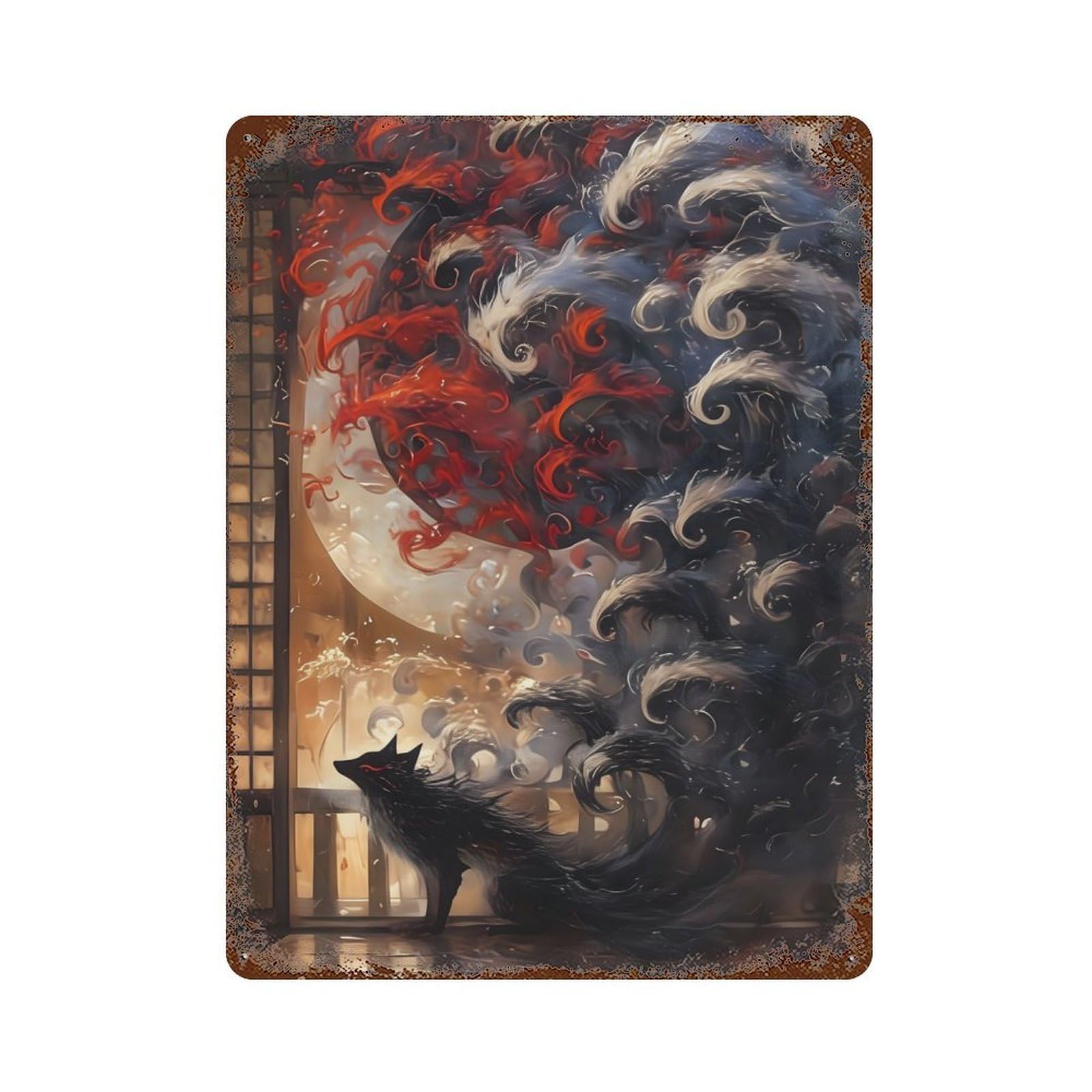 Kitsune with Nine Tails Distressed Metal Wall Sign 15.7"x11.8", Ideal for Garage, Bar And Workshop Decor