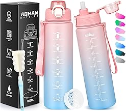 AOHAN Trinkflasche Sport 1l, Wasserflasche Tritan BPA-Frei, Auslaufsicher Trinkflasche mit Strohhalm, Sportflasche mit Filter und Zeitmarkierung für Fitness Radfahren Schule Büro und Outdoor