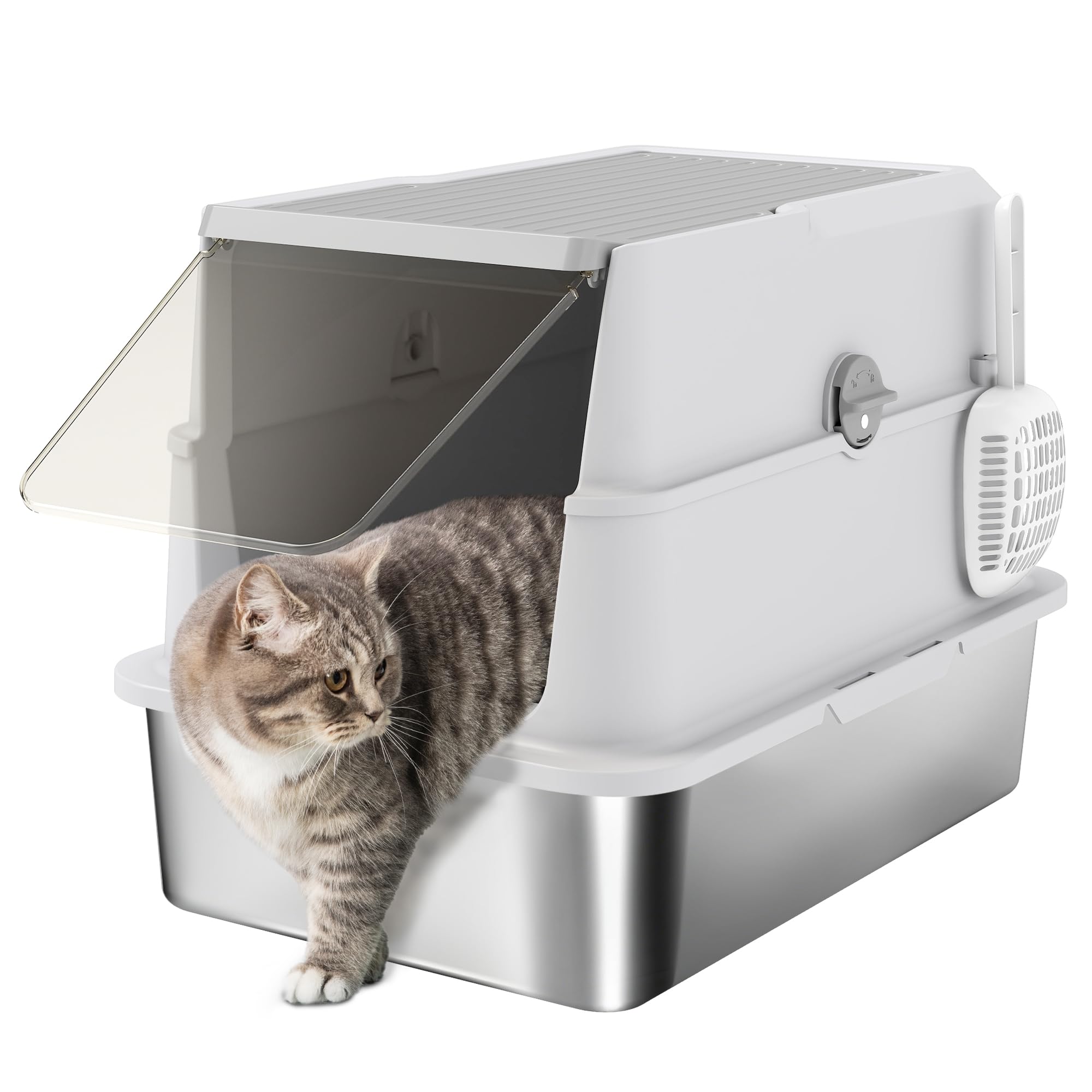 PawHut Arenero para Gatos de Acero Inoxidable XL Borde Alto Gris Claro