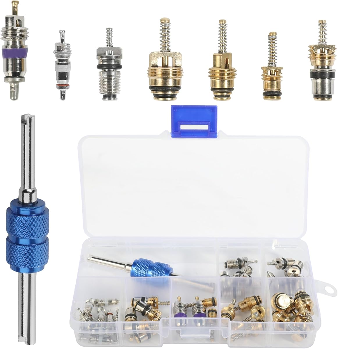 SCUARI 40PCS AC Schrader Valve Kit,AC Valve Core Kit,Car Accessories AC Valve Core Removal Tool,Schrader Valve Removal Tool,A/C R134a Schrader Valve Core Repair Kit for Cars Air Conditioning Repair