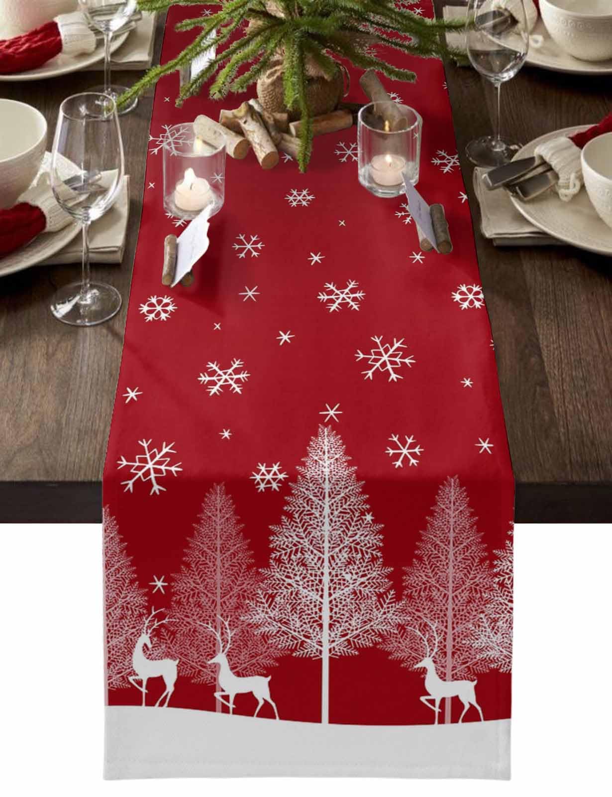 Christmas Forest Elk Table Runners 72 inches Long, Farmhouse Linen Winter Holiday Table Runner, Pine Snowflake Red Table Cloth Dresser Scarves for Dinning Tables Party Home Decor Xmas Decorations