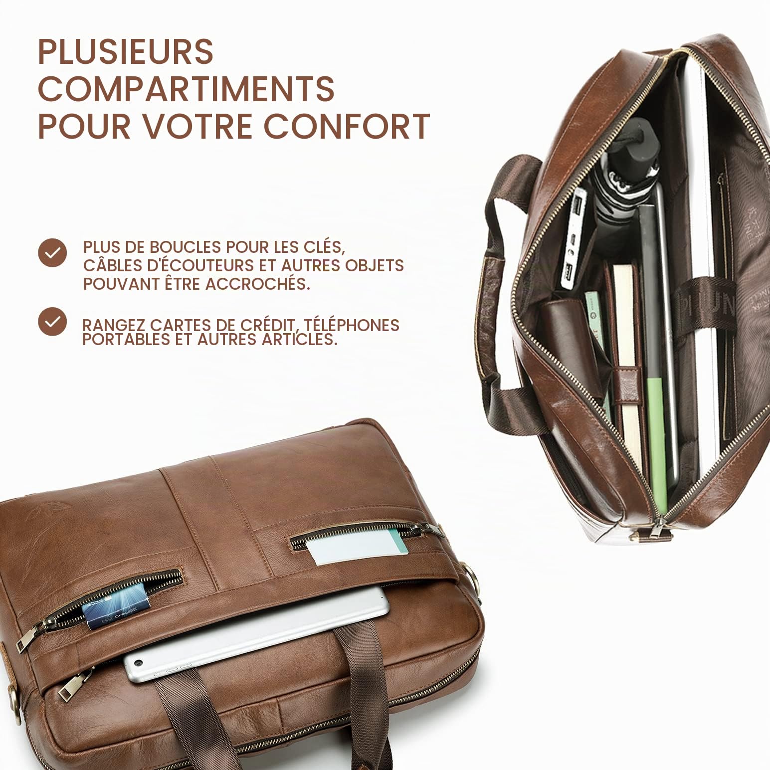 SPAHER Sacoche pour ordinateur portable 15,6" en cuir véritable - Sac à bandoulière pour homme