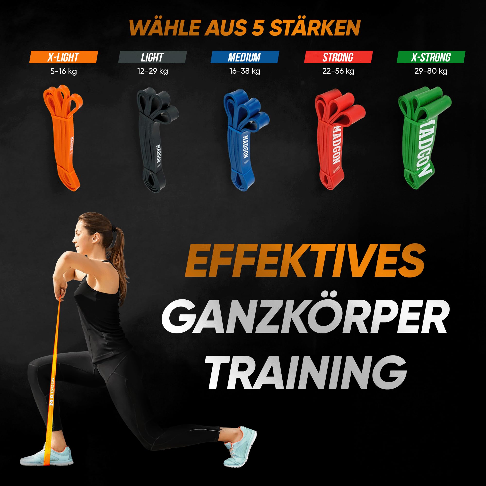 MADGON Bande Elastiche di Resistenza (Come Fascia Singola in 5 Punti di Forza o in Set) – Resistance Band Antistrappo con Borsa e Guida PDF - Elastici Fitness