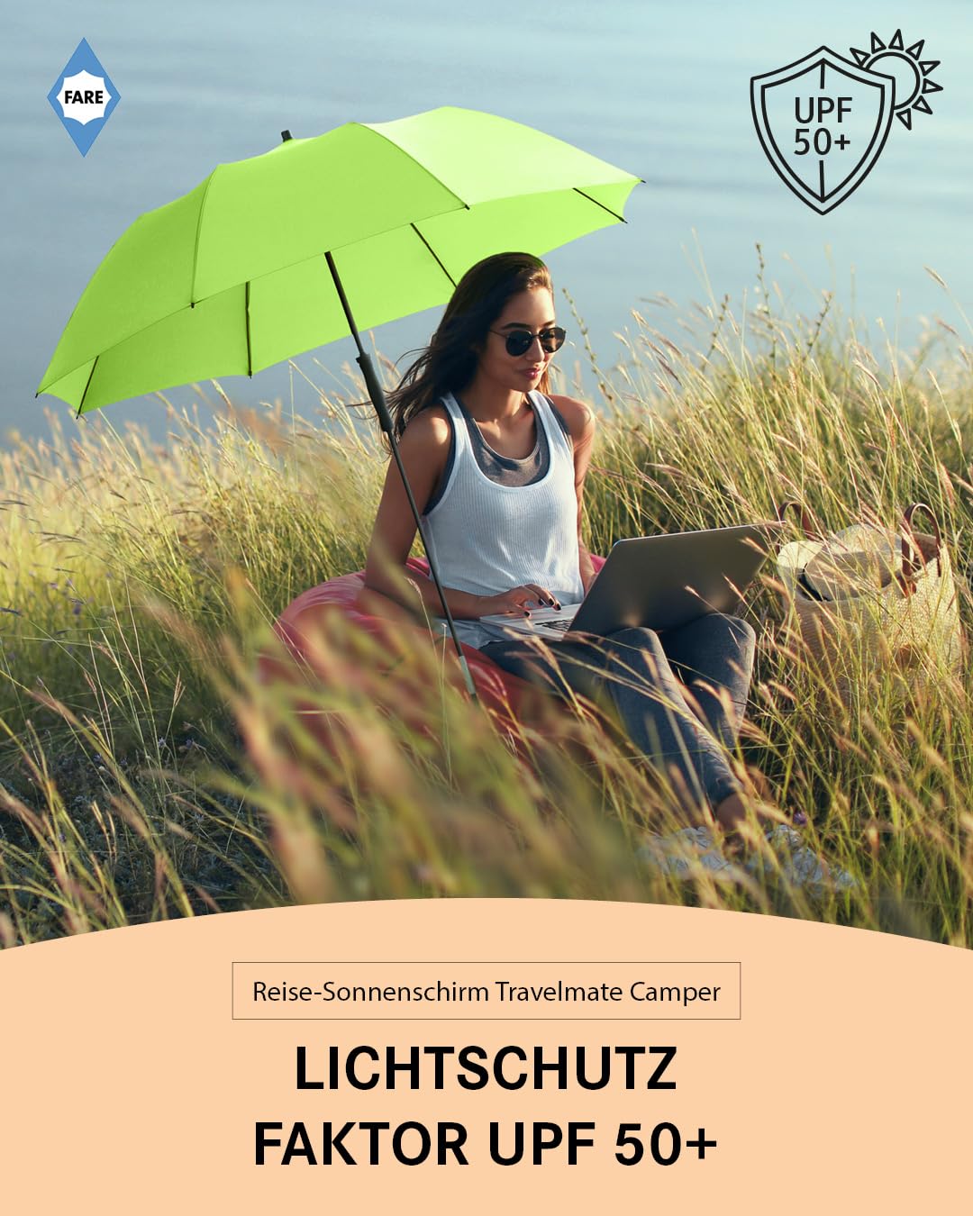 FARE Parasol podróżny Travelmate Camper – lekki i kompaktowy, ochrona przed promieniowaniem UV UPF50+, idealny w podróży, na plażę, na kemping – może być używany jako parasol