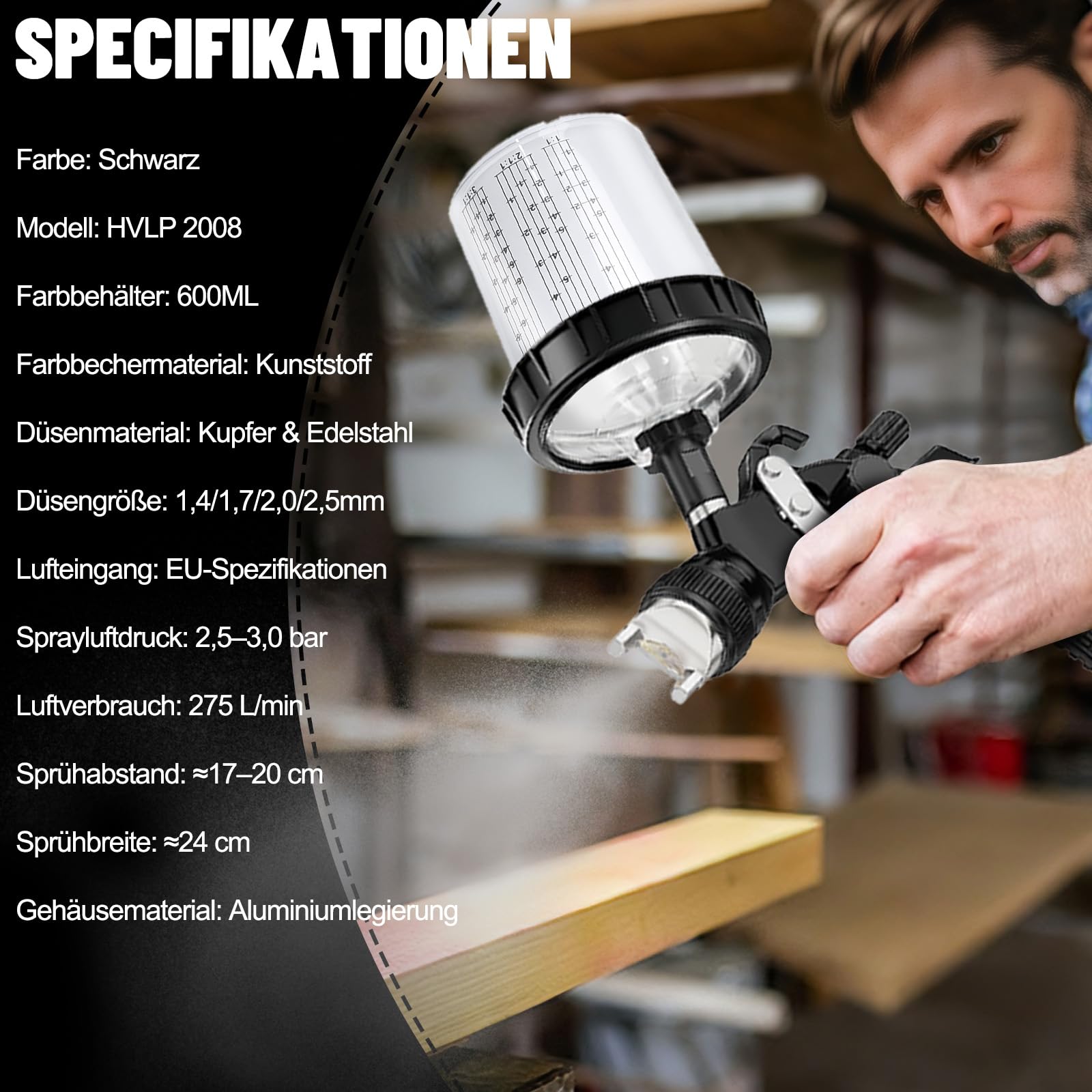 HVLP Lackierpistole Spritzpistole mit 4 Düsen-1,4/1,7/2,0/2,5mm, Lackierpistole Druckluft Schwerkraft Sprühgeräte mit 600ML Messbechern, 10 Einweg-Farbmischbechern und Deckeln, 20 Filtern (Schwarz)