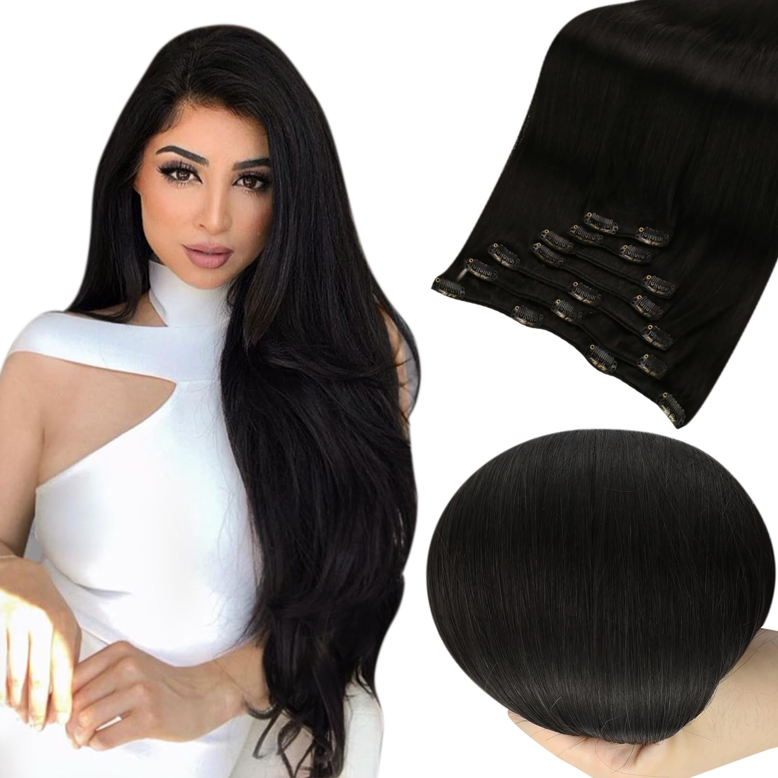 Fshine Clip in Hair Extensions Human Hair, 1B Natural Black, 10 Inch, 95G, 7 Pcs, Double Weft Real Remy Brazilian Hair, Add Volume for Bob Hair, Thick Asian Hair, Short Hair Topper, Easy Clip Glueless — view 32