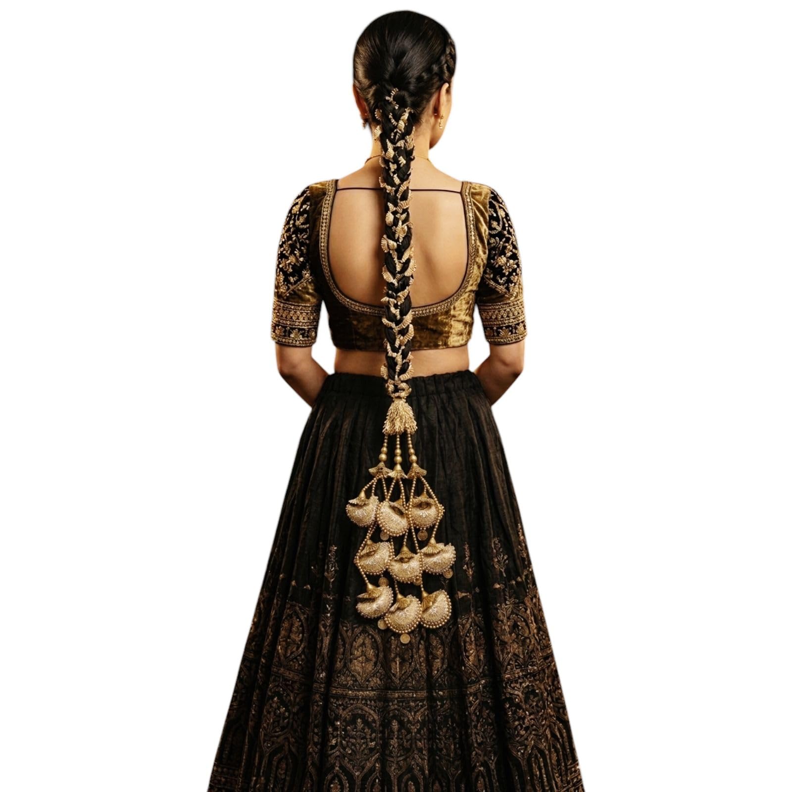 Punjabi Paranda/Parandi Heavy Design Paranda Hair Extension, Black & gold combination with Luxe Look black thread cover up with gold gotta laceTraditional Ethnic Hair Accessory for Wedding, Haldi, Mehendi, Jaggo, Festive Occasions (One Piece)-image-48