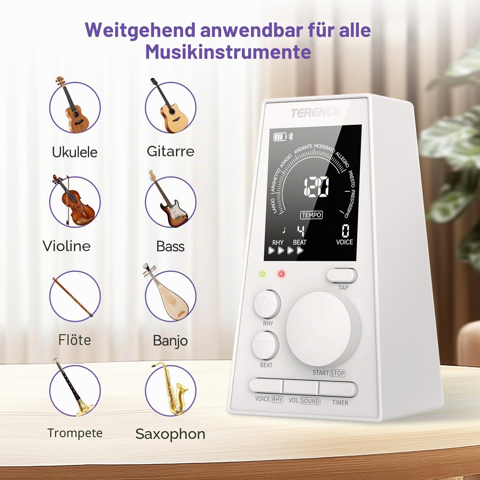 TERENCE Digitales Metronom Piano Gitarre Bass Eukliri Instrument Elektronisches Metronom mit Lautsprecher LCD Monitor Lautstärke Tempo einstellbar Timerfunktion wiederaufladbar 30-252bpm weiß