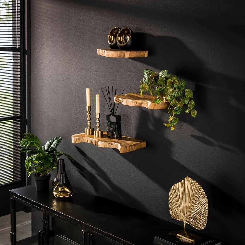 RINGO-Living Massivholz Schweberegal Baumkante in Natur-dunkel, Wandregale 3er Set 40 cm, Landhaus Wandregal aus Teakholz, Schlichtes Wandregal Holz, Massiv Natur Holzbrett Wand Echtholz