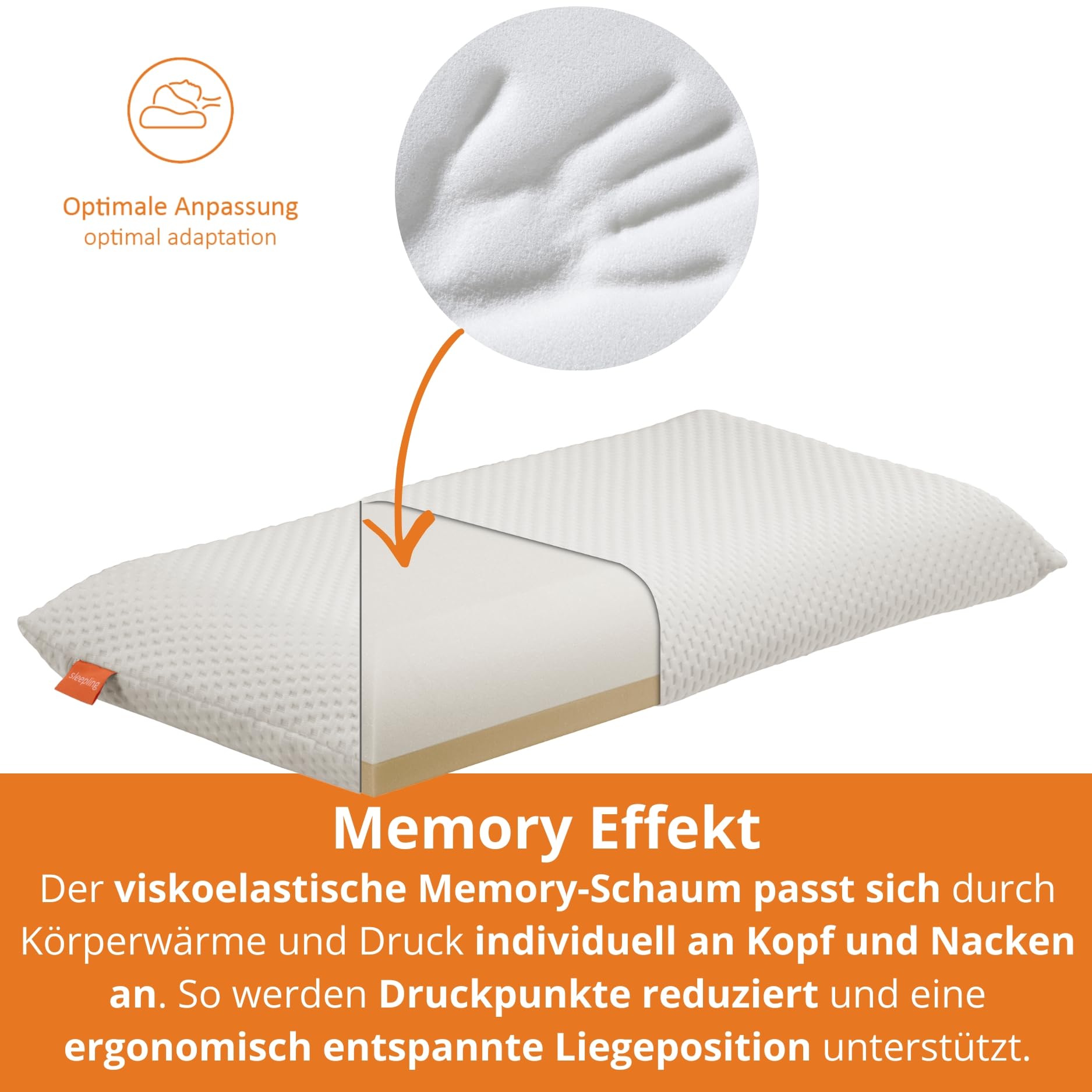 sleepling orthopädisches Nackenstützkissen 35x70 cm, Kissen gegen Nackenschmerzen, Seitenschläferkissen mit Bezug 35 x 70 cm, ergonomisches Kopfkissen, Memory Foam, höhenverstellbares Nackenkissen