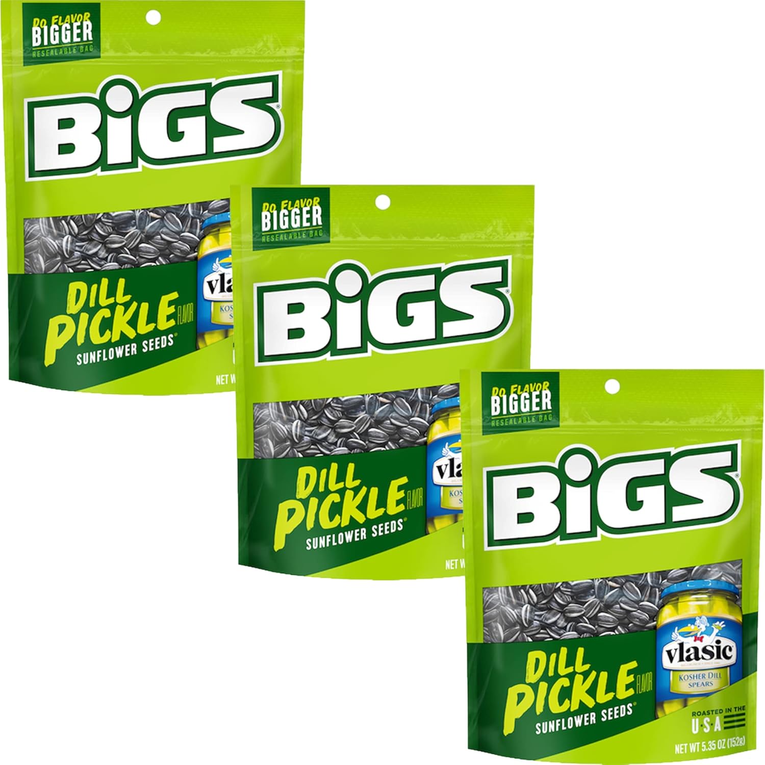 BIGS Dill Pickle Flavored Sunflower Seeds 3 Pack 5.35 Ounces Per Bag In