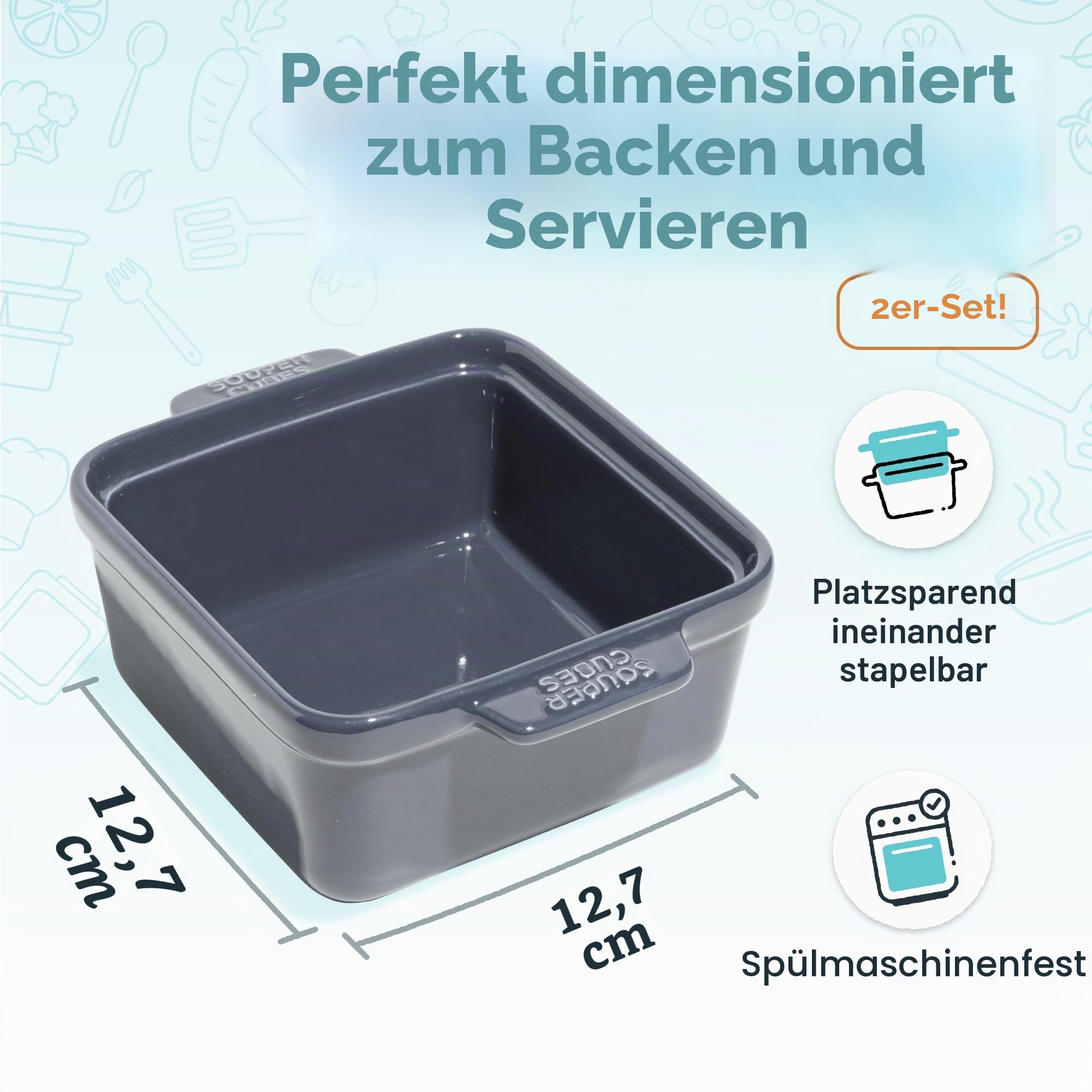 Souper Cubes Steingut – 12,7 cm quadratische Auflaufform – Keramik-Backform-Set – Küchenutensilien und Backformen – Set mit 2 Stück – Anthrazit