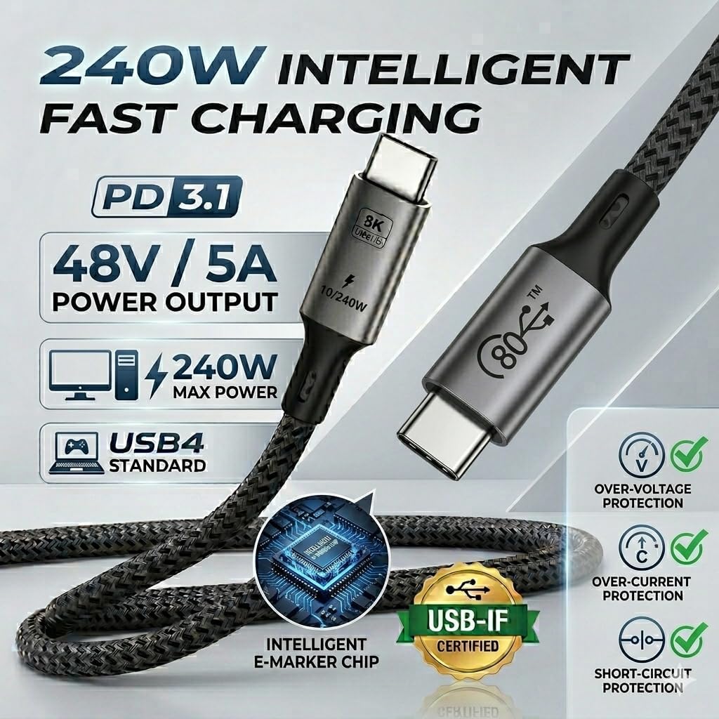 BRENDAZ Cavo USB C a USB C, 80 Gbps per cavo Thunderbolt 5, 240 W, USB 4.0, video 8K [certificato USB-IF], ricarica rapida, compatibile con MacBook, iPhone 17, Mac mini, confezione da 5