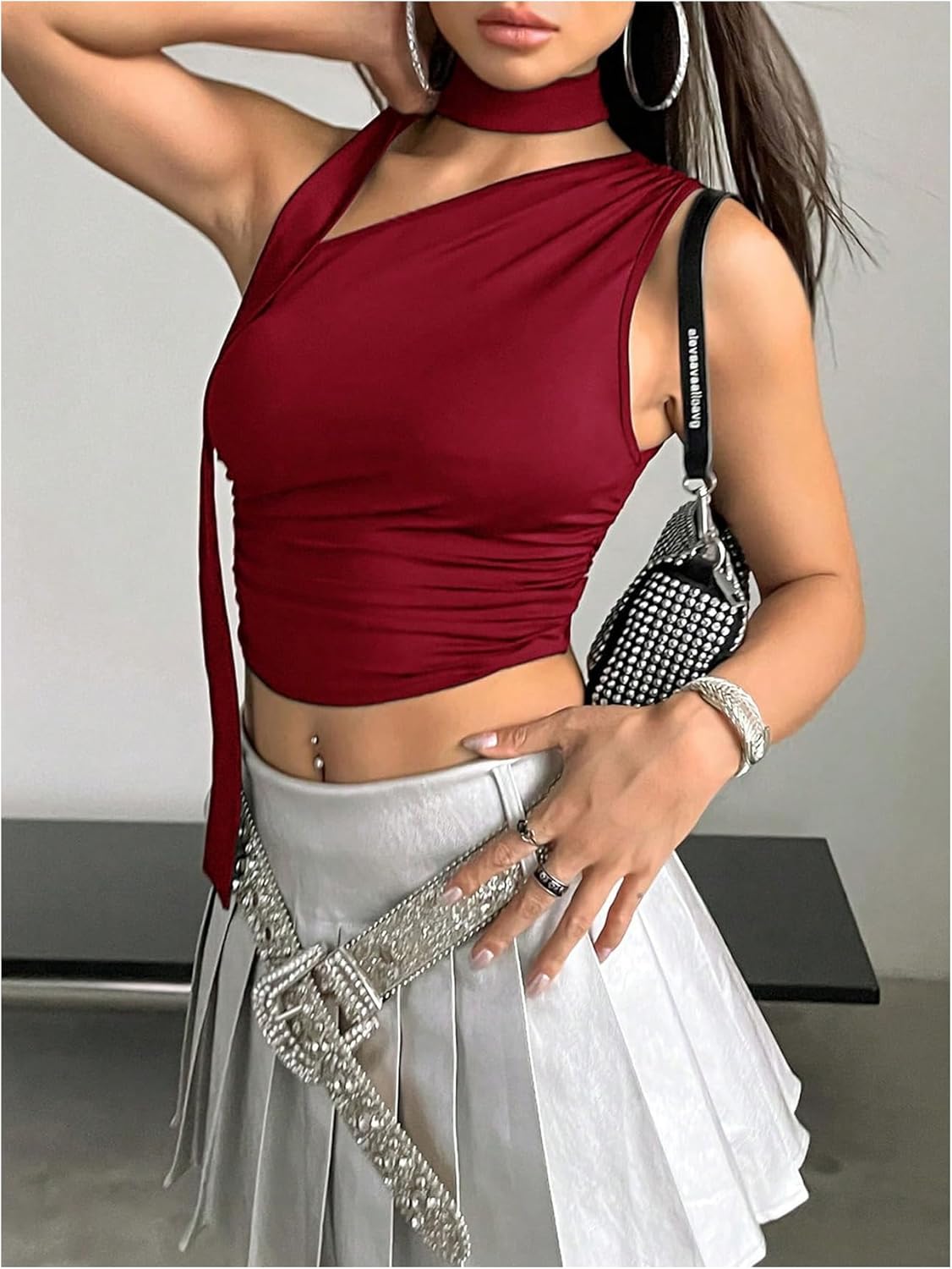 SweatyRocks Women's Y2k Off The Shoulder Crop Top Sleeveless Ruched Slim Fitted Tops with Scarf Going Out - Image 4