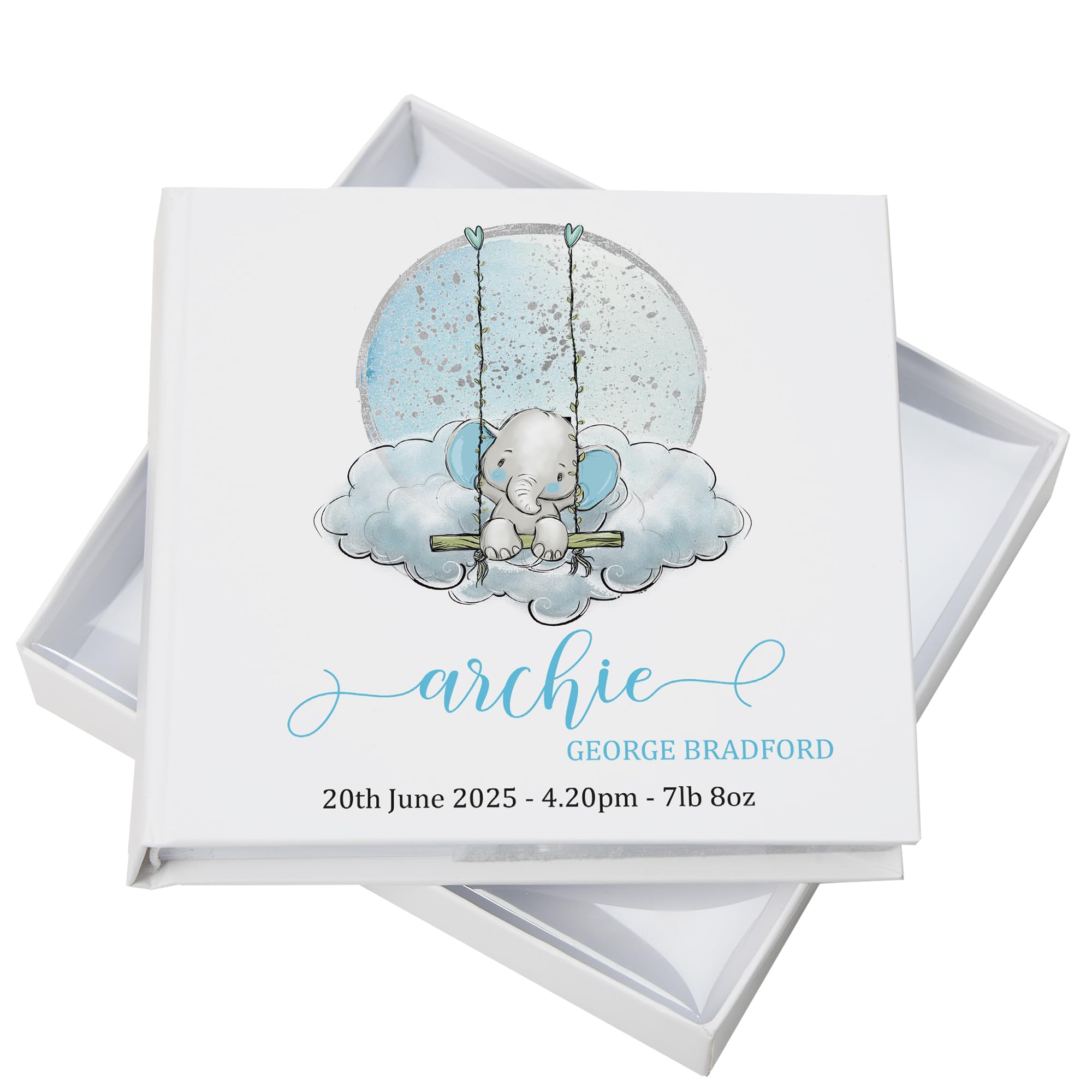 Ukgiftstoreonline Men's White Personalised Baby Boy Photo Album Gift Elephant On Swing