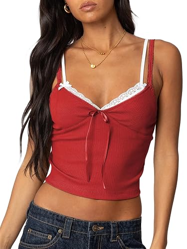 Women Lace Trim Camisole Tops Spaghetti Strap Tank Top Ribbed Knit Slim Fit Cami Shirt Bralettes