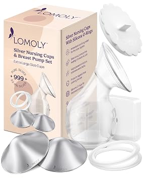 Silver Nursing Cups Pure 999 Silver Nipple Shield to Relieve Soreness; Silver Nipple Covers Breastfeeding Set w/Breast Shells, Silicone Rings, and Hands-Free Breast Pump